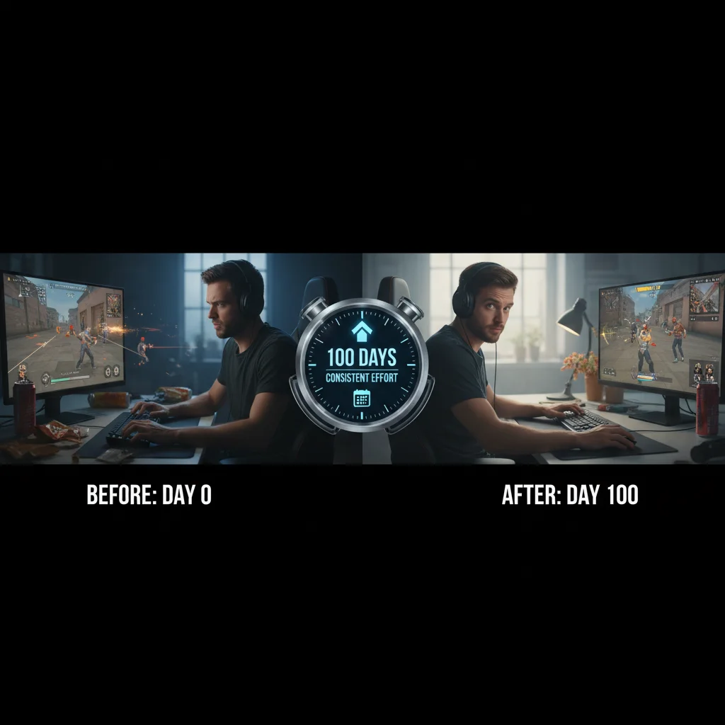 Split-screen showing improved gaming performance from chaotic 'before' to strategic 'after' due to consistent practice.