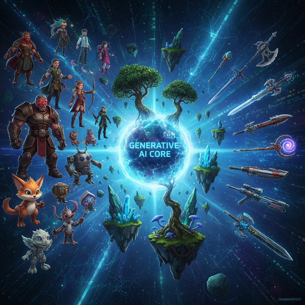 Generative AI creating diverse game assets and content.