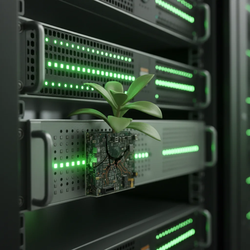 Green data center server rack with growing plant, representing energy efficiency