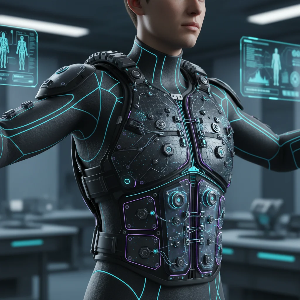 Futuristic haptic feedback vest for full-body gaming immersion.