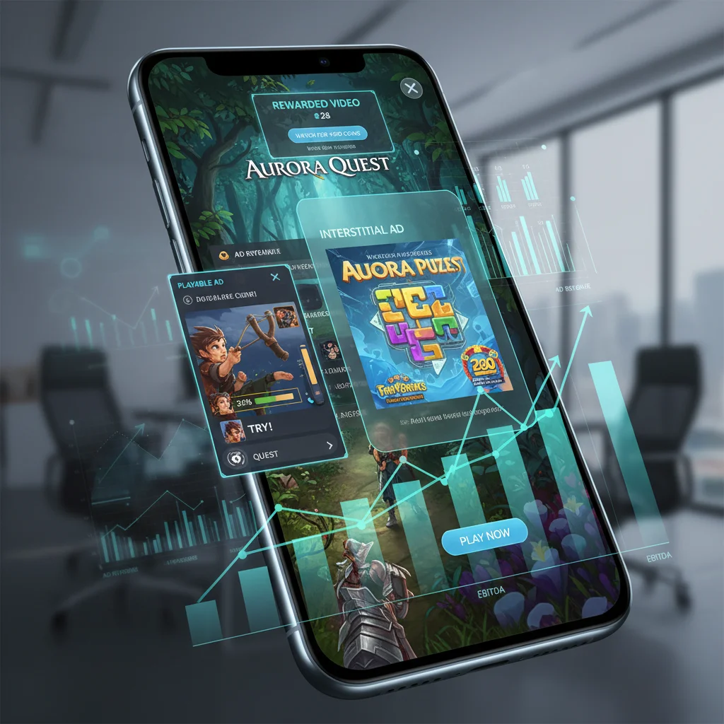 Mobile phone screen showing various in-game advertising formats and their impact