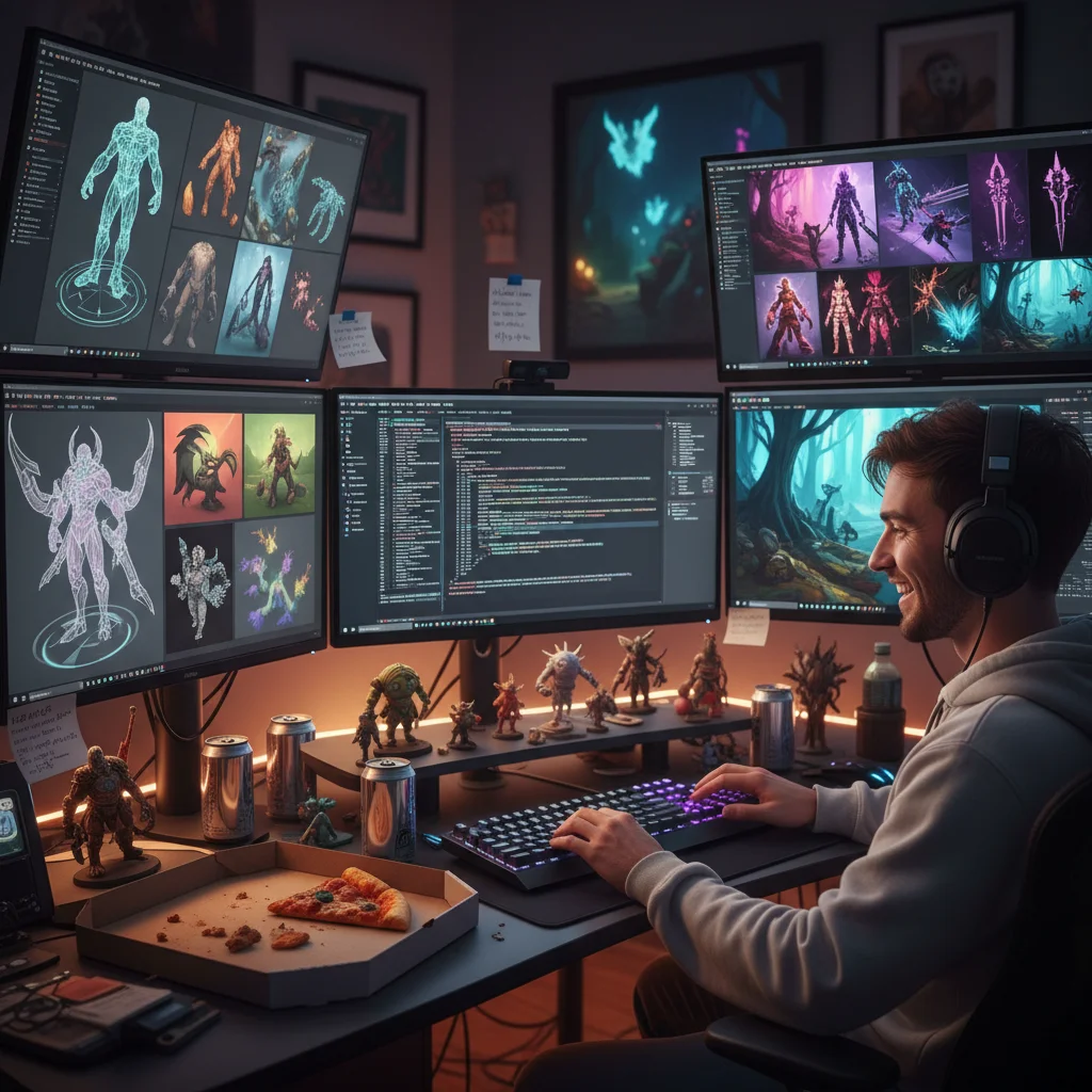 Indie game developer immersed in creative work on multiple screens
