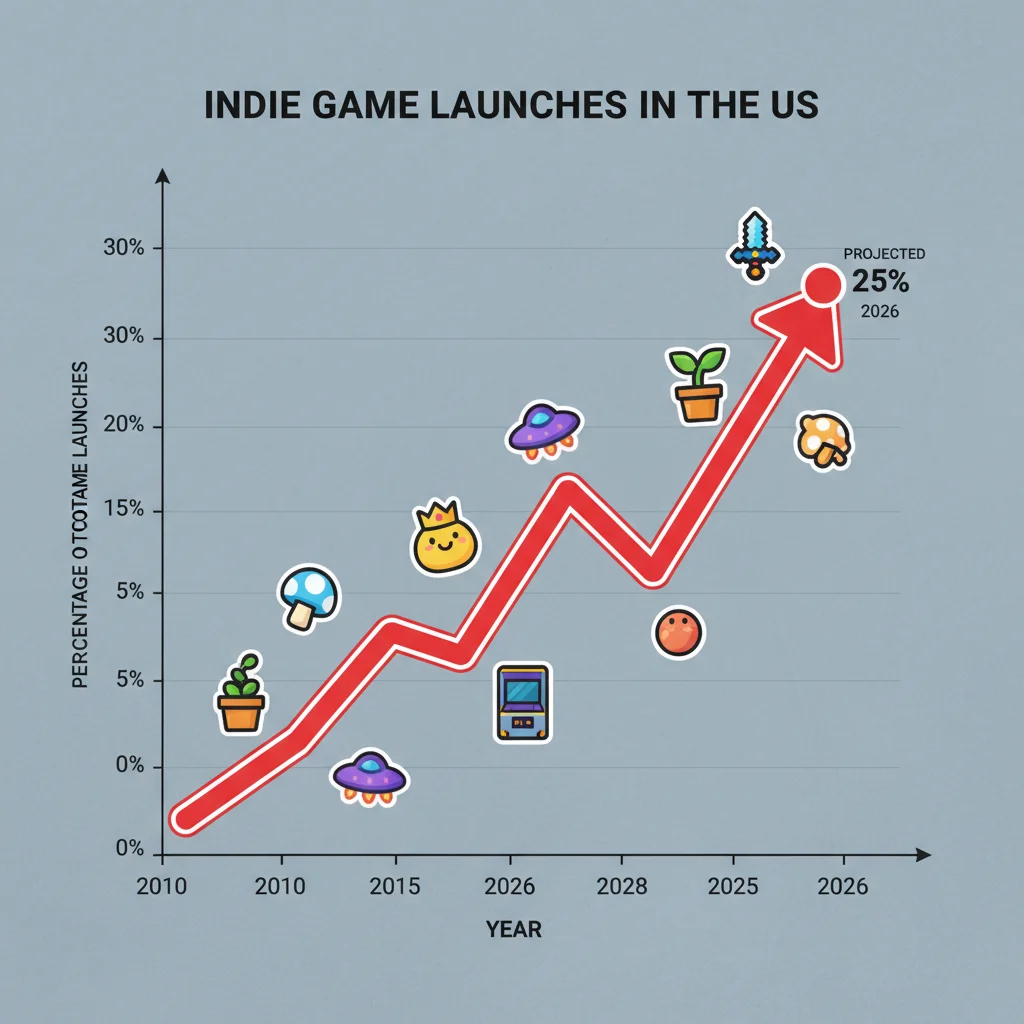 Graph illustrating the increasing percentage of indie game launches in the US towards 25% by 2026.