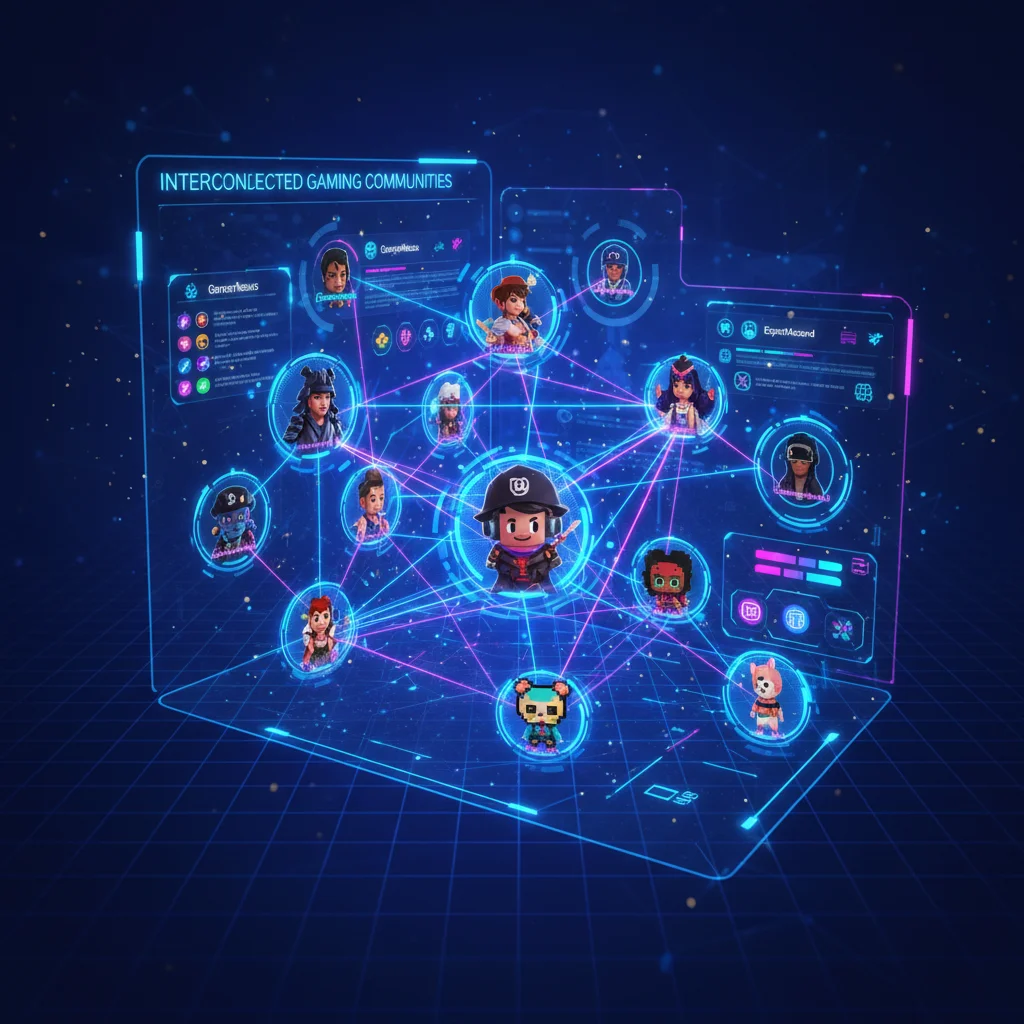 Holographic display showing interconnected gaming communities and social networks.