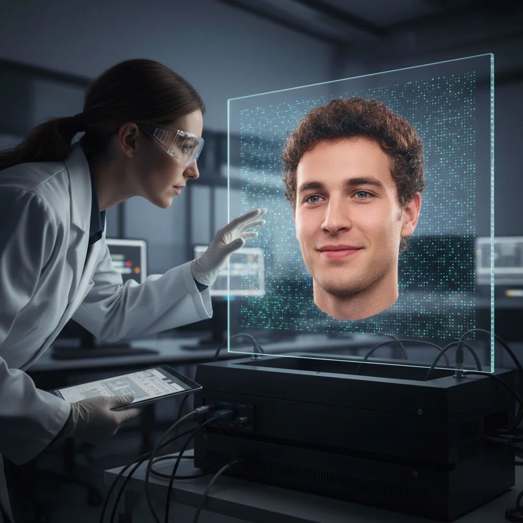 Engineer observing a light field display projecting a realistic 3D human face.