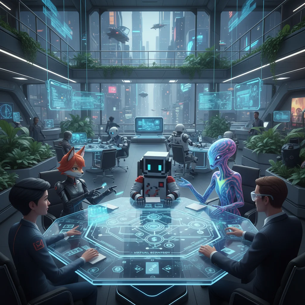 Avatars collaborating in a metaverse virtual meeting room.