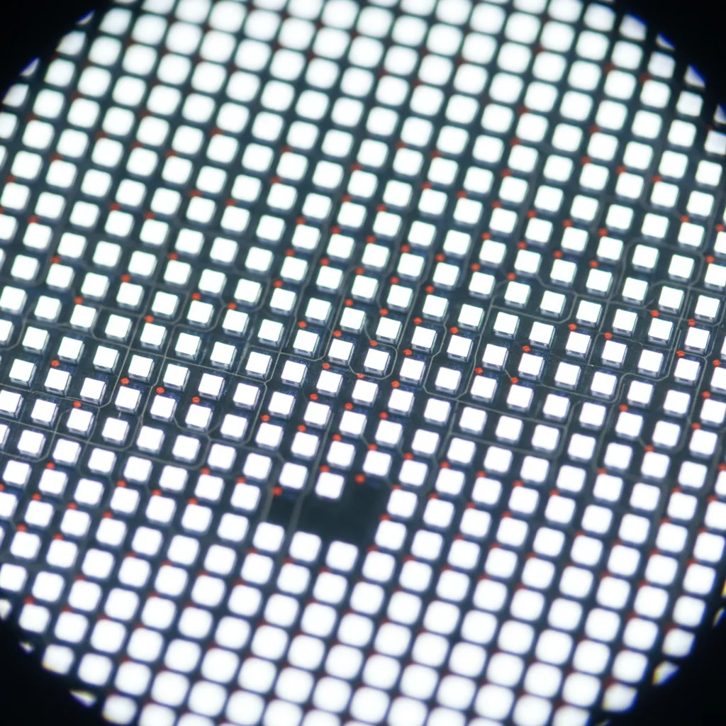 Close-up of a MicroLED display panel, highlighting the microscopic LED structure and precise illumination capabilities.