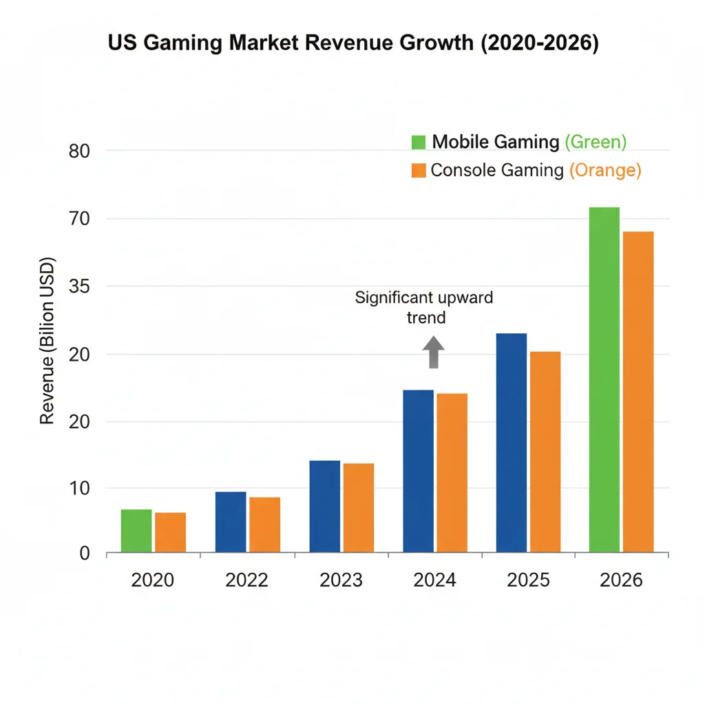 Bar chart showing mobile gaming growth compared to console and PC gaming in the US, 2020-2026.