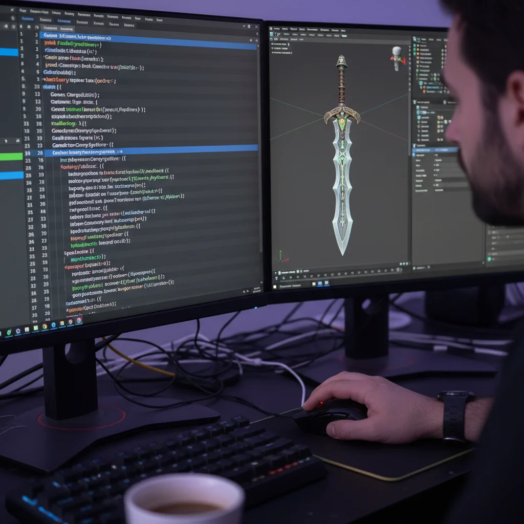Detailed view of a programmer creating a game mod with lines of code and 3D models.