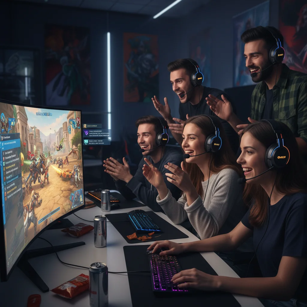 Gamers collaborating in a multiplayer online game, showcasing community interaction.