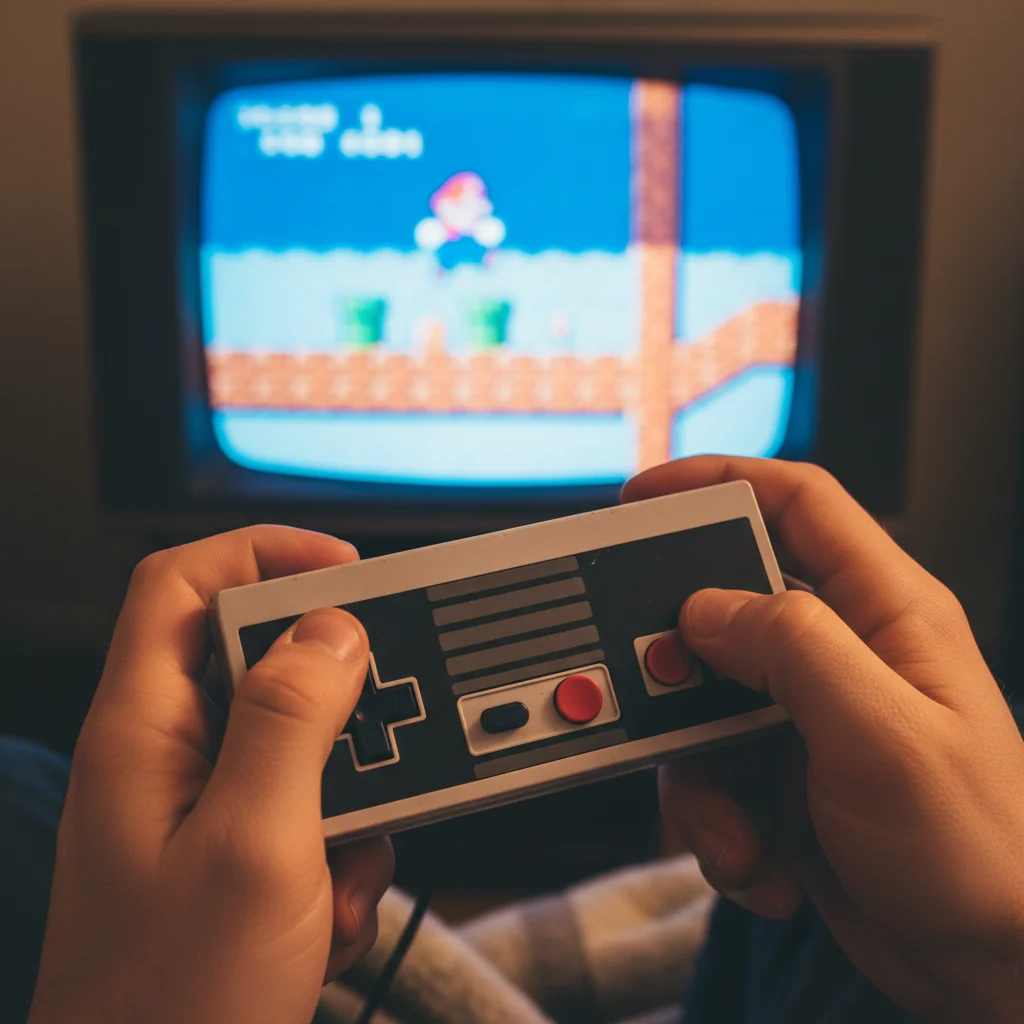 Hands holding a classic NES controller playing Super Mario Bros.