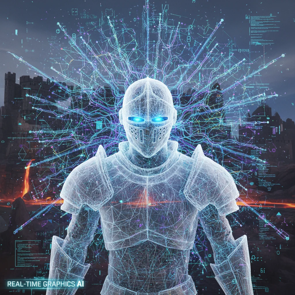 Visualization of neural network processes in real-time game character rendering, showing AI at work.