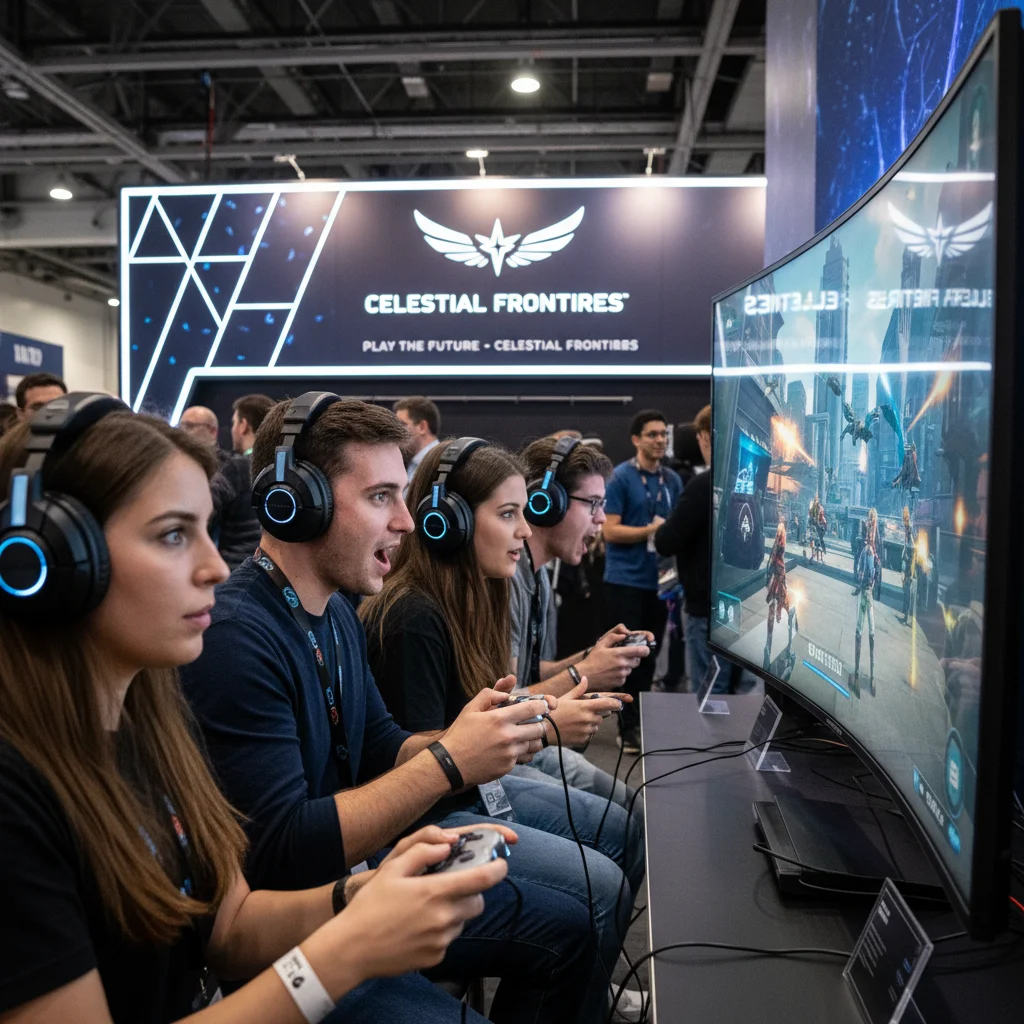 Gamers enthusiastically playing an unreleased video game at a convention booth.