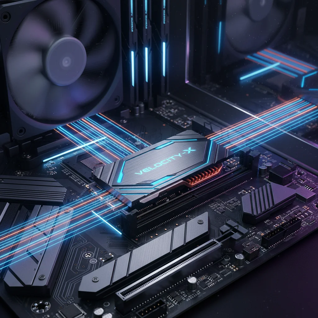High-performance NVMe SSD installed on a motherboard, symbolizing fast data transfer for gaming.