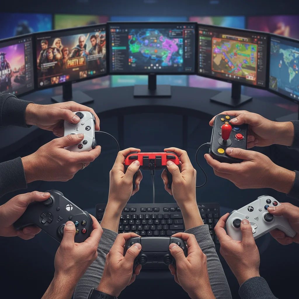 Gamers' hands on controllers, illustrating online collaborative play and virtual community building.