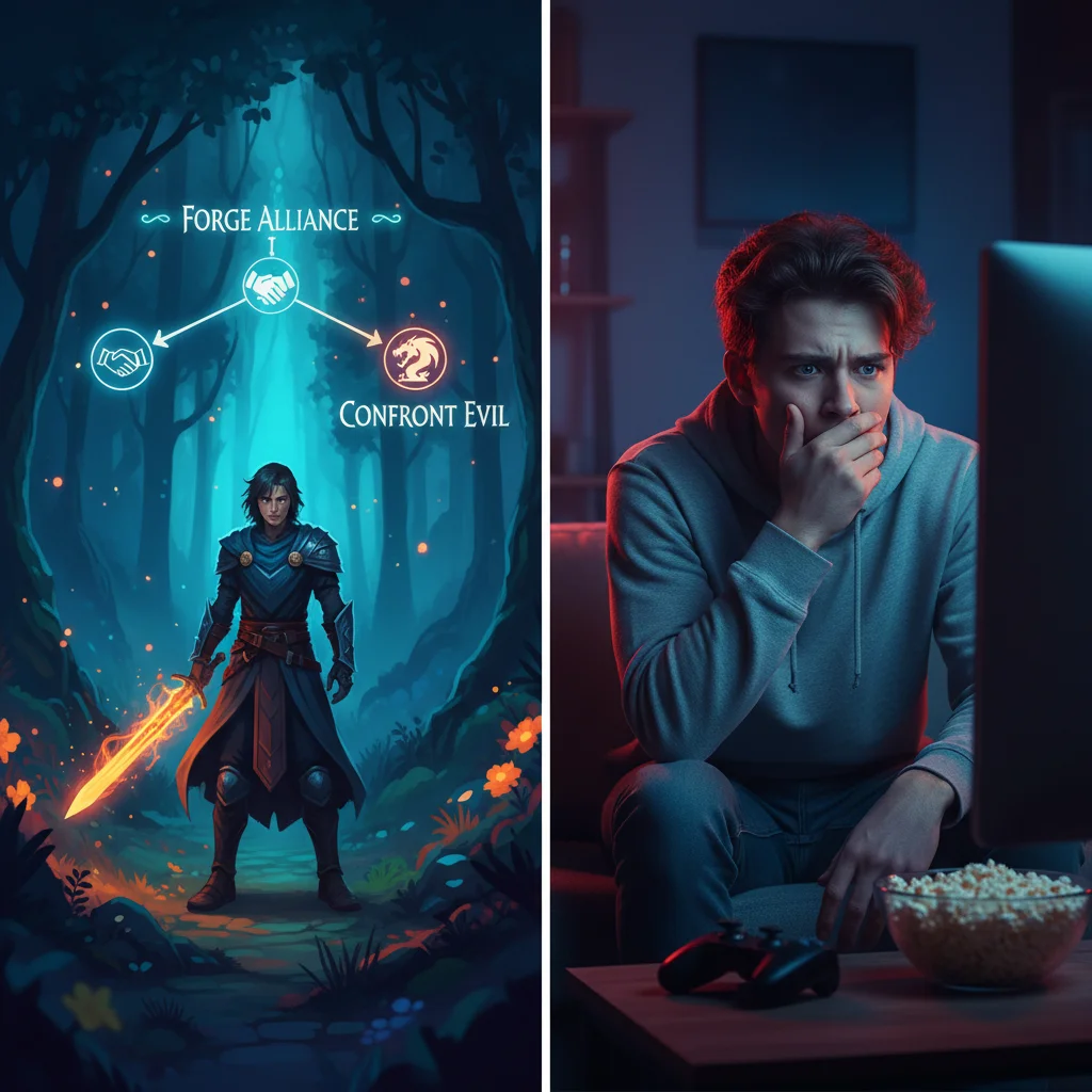 Player making a game decision, with a real-world reaction, illustrating the profound impact of player agency in game narratives.