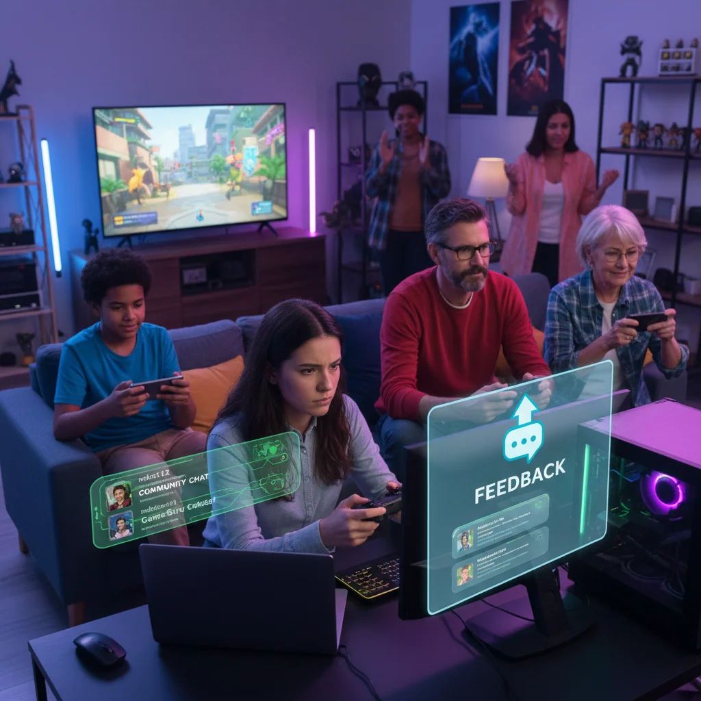 Diverse gamers providing feedback on in-game purchases and monetization models.