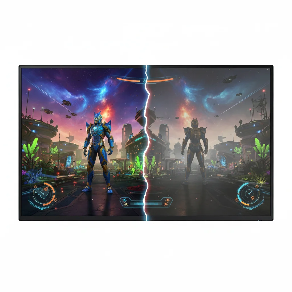 Split-screen comparison of QD-OLED display versus an older display technology, showcasing superior color and contrast of QD-OLED in a gaming scene.