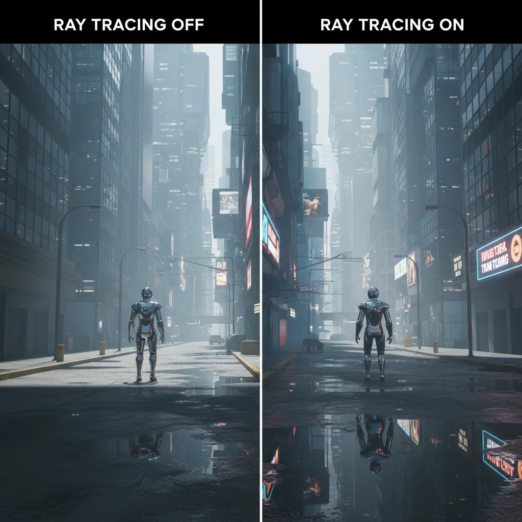 Side-by-side comparison of ray tracing off vs. on in a game, showing visual improvements.