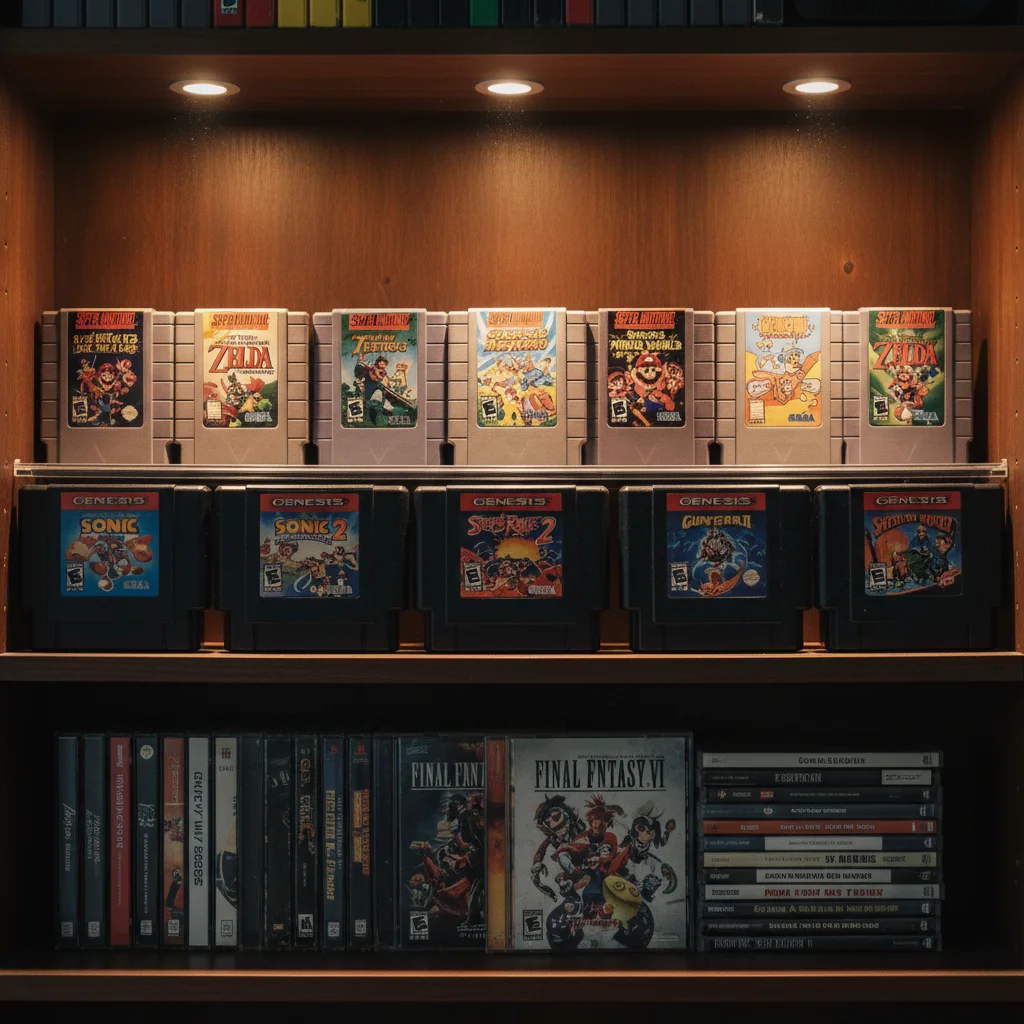 Collection of classic video game cartridges and discs on a shelf