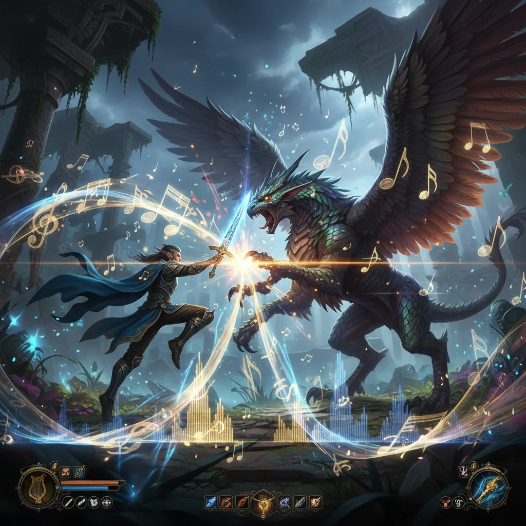 Dynamic fantasy RPG scene with interactive music enhancing gaming experiences