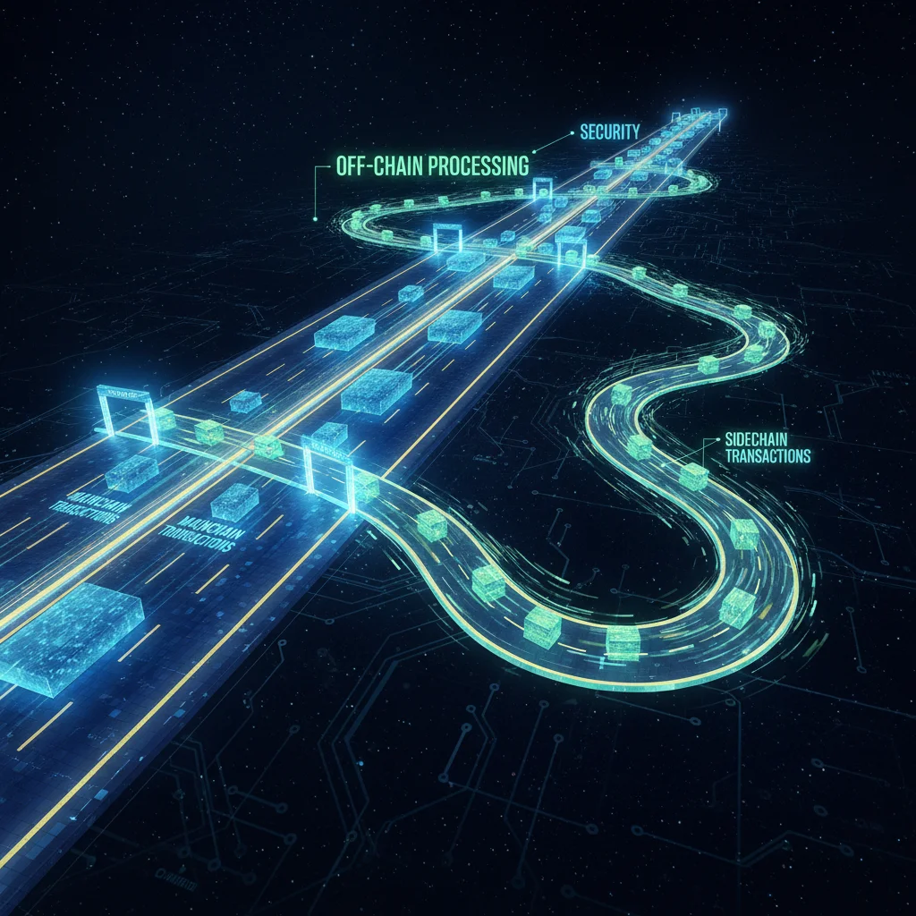 Illustration of a sidechain connected to a main blockchain for faster transactions.
