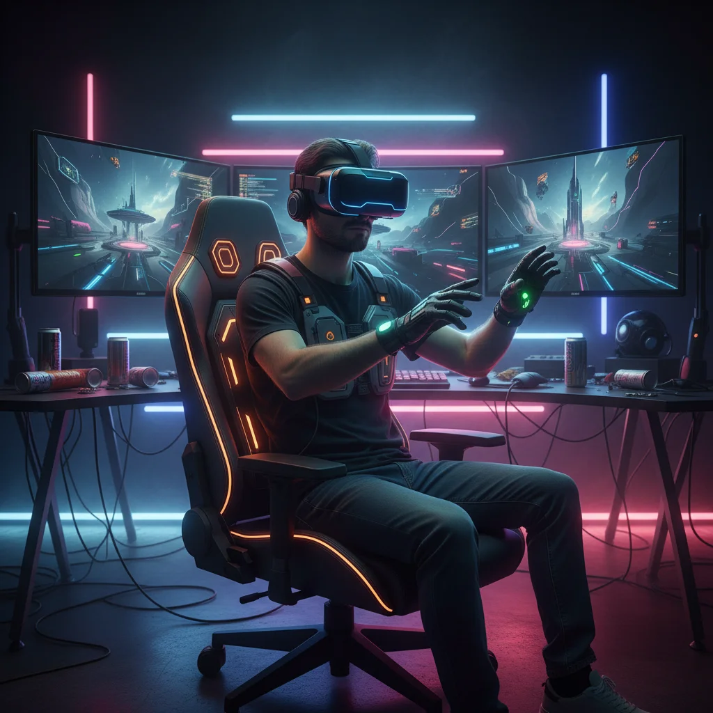 Dedicated gamer in a haptic feedback chair deeply immersed in a high-fidelity VR game