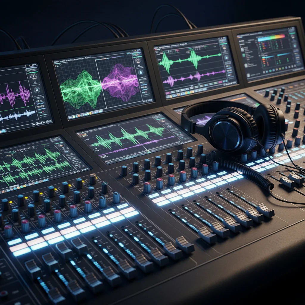 Sound engineer at a mixing board crafting adaptive gaming soundtracks 2026