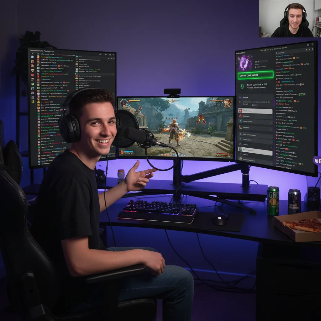 Live streamer engaging with audience on multiple screens, demonstrating interactive streaming and monetization.