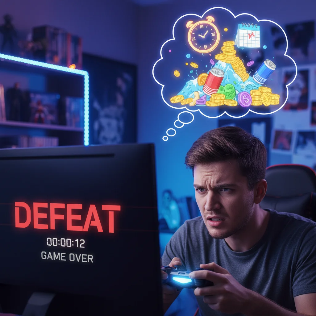 Gamer experiencing sunk cost fallacy, frustrated by continued investment in a losing strategy.
