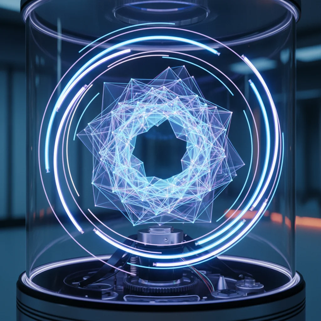 Swept-volume display with rotating LED array creating a persistent 3D geometric shape.