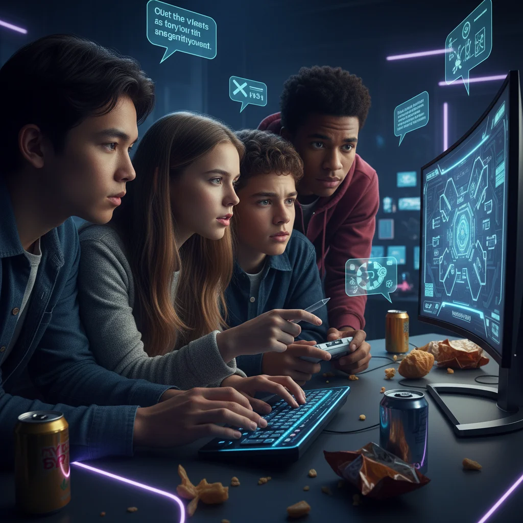 Teenagers collaborating and problem-solving in a video game, demonstrating teamwork.