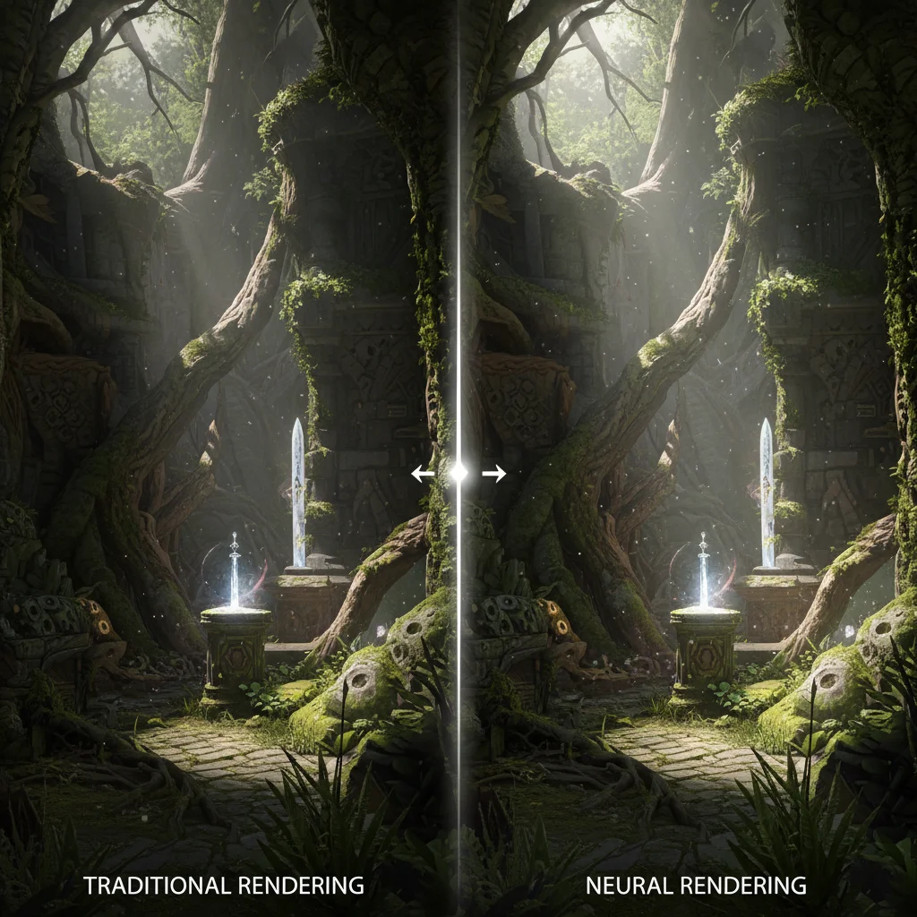 Comparison of traditional vs. neural rendering in a game environment, emphasizing visual improvements.