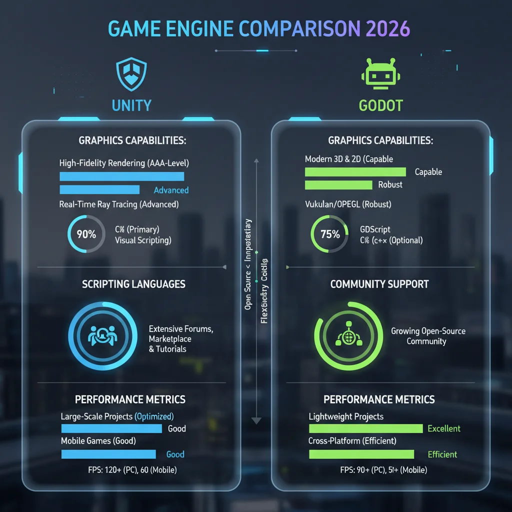 Infographic comparing Unity and Godot 2026 features, including graphics, scripting, community, and performance.