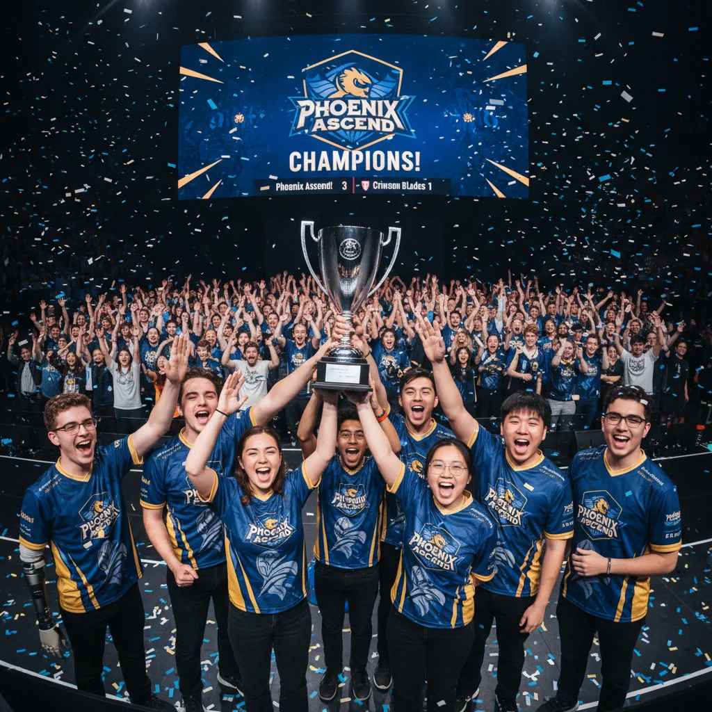 University esports team celebrating a tournament victory with a trophy and cheering crowd.