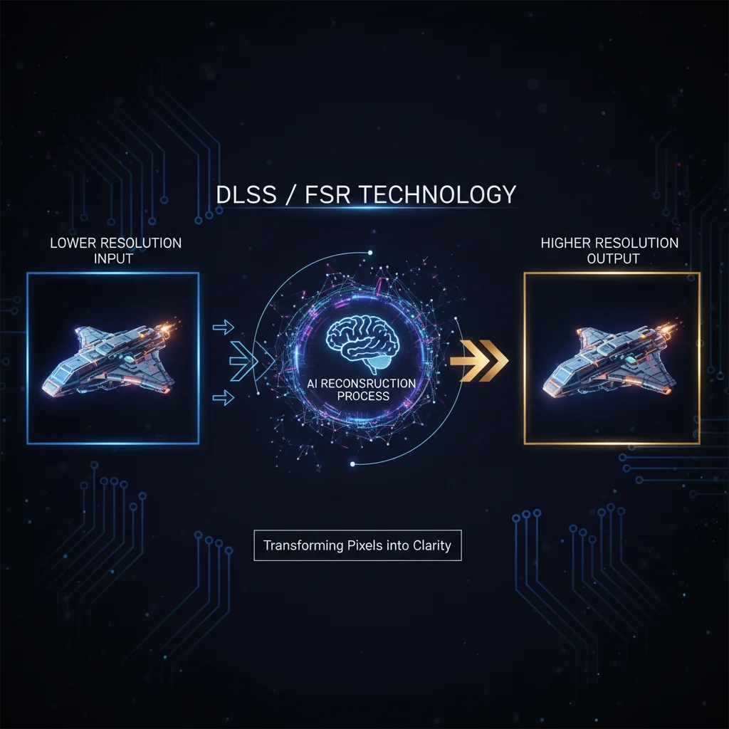 Diagram explaining DLSS/FSR upscaling technology, showing lower resolution input to higher resolution output.