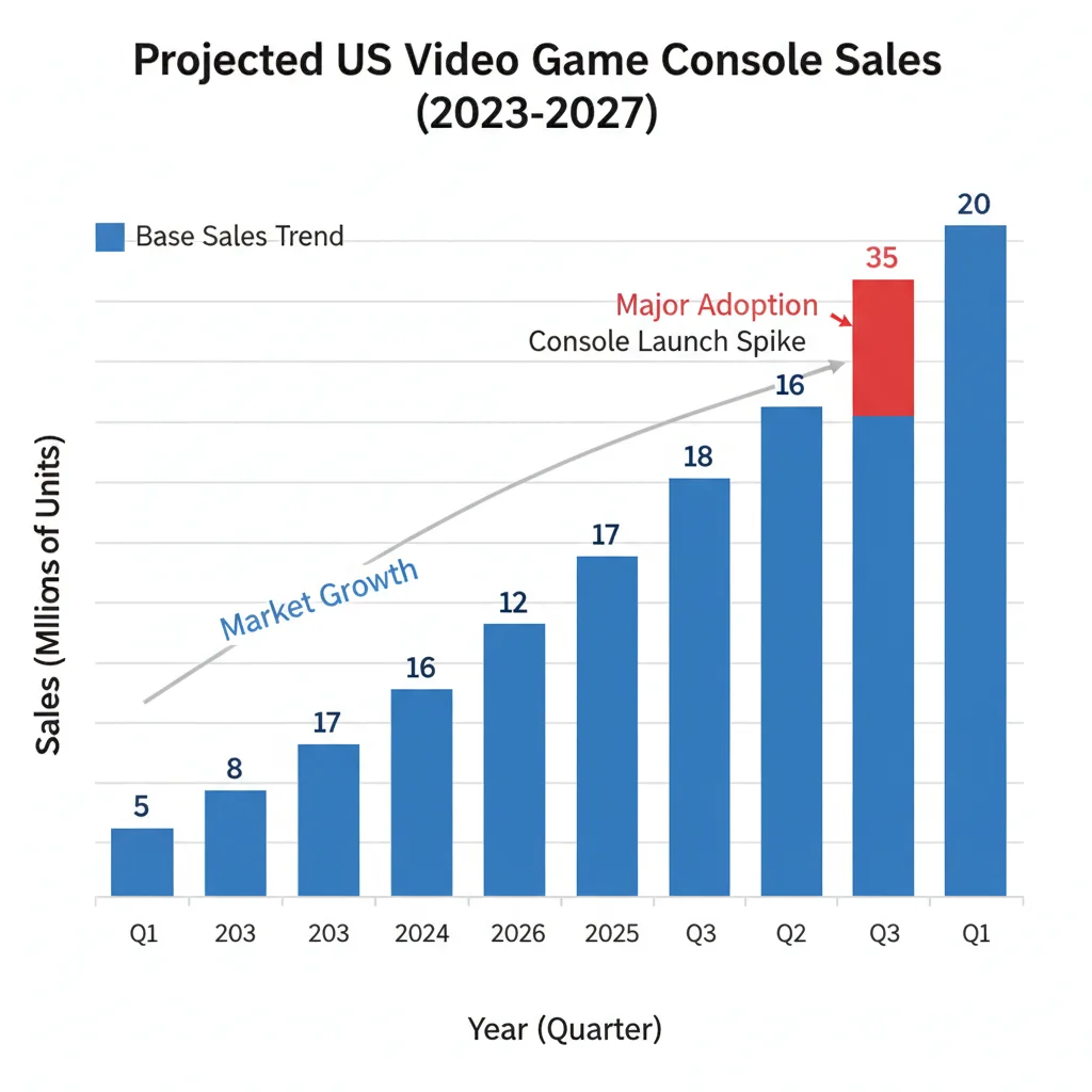 Projected US video game console sales graph showing growth and Q4 2026 spike.