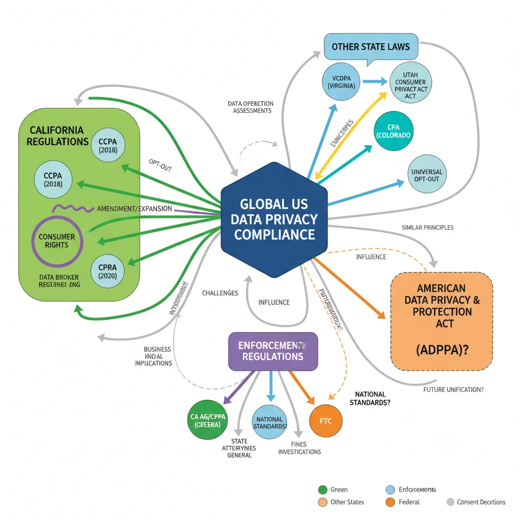 Flowchart showing interconnected US state data privacy laws and compliance requirements.