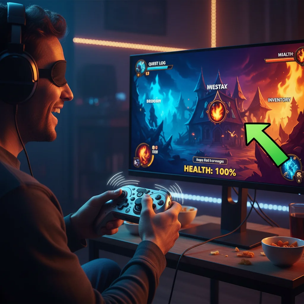 Visually impaired gamer using haptic controller and high contrast game display