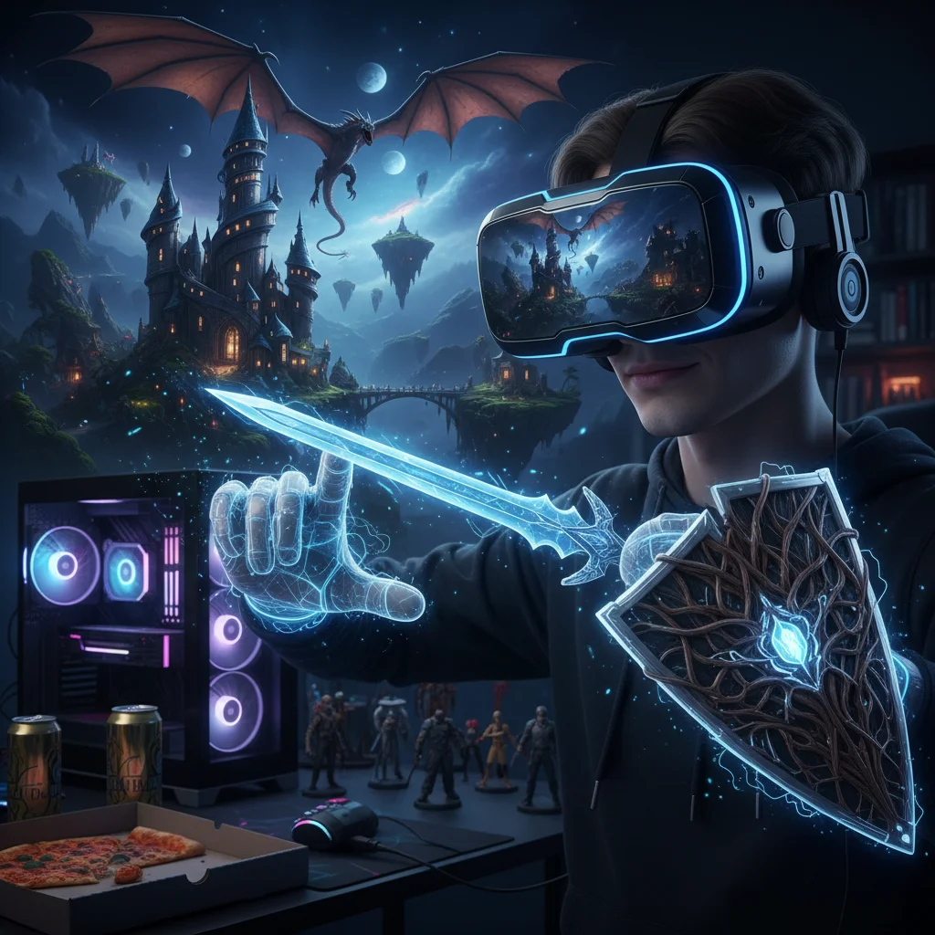 Gamer immersed in virtual reality with advanced VR headset.
