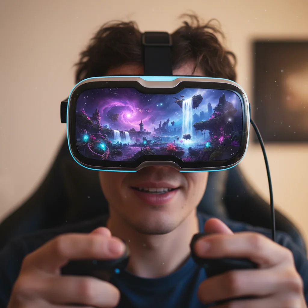 Gamer immersed in a detailed virtual reality world, showcasing future immersive gaming experiences.