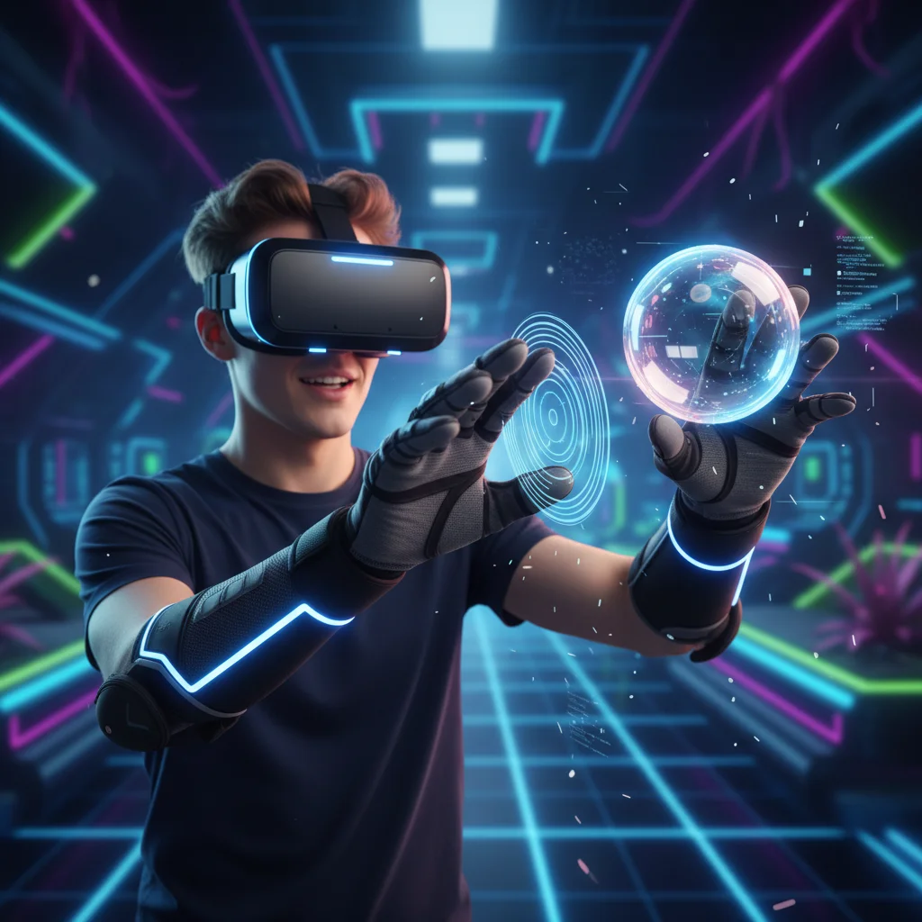 VR gamer with haptic gloves interacting in a virtual environment.