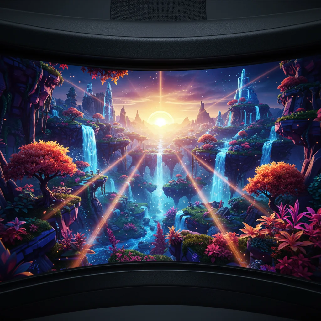 Close-up of a VR headset lens displaying an immersive digital world.