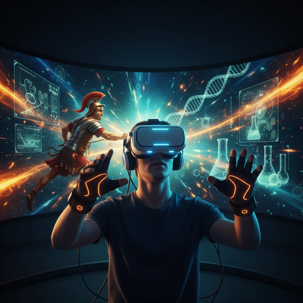 Young person immersed in a virtual reality learning simulation, exploring historical events or science.