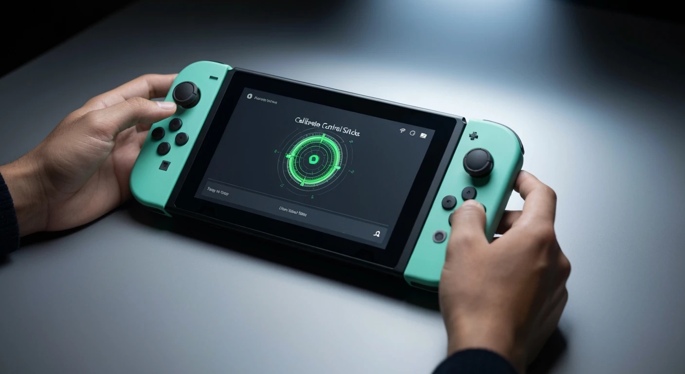 Close-up of hands calibrating Nintendo Switch Joy-Con in system settings, demonstrating hidden features.