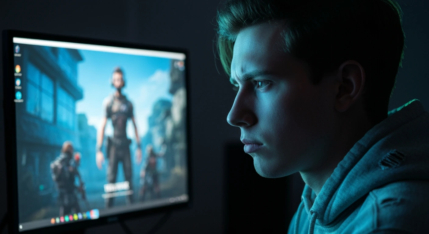 A gamer with a skeptical expression watching a game trailer on a monitor, highlighted by dramatic chiaroscuro lighting, representing the need to manage expectations for upcoming games.
