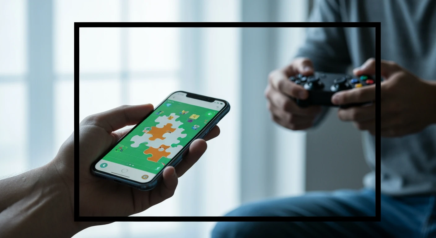A person's hands playing a mobile puzzle game, with the blurred outline of a console controller in the background, symbolizing the false division between different types of gamers.